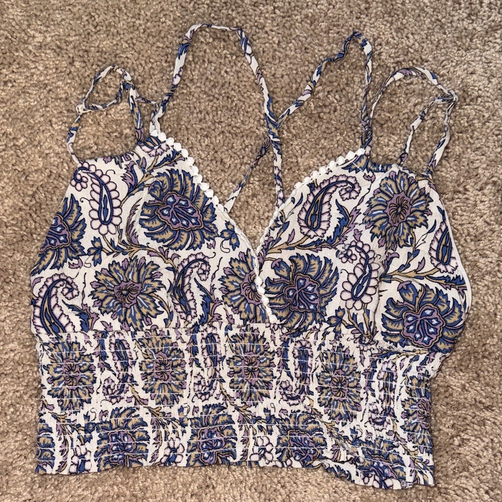 American Eagle Outfitters Blue and Cream Floral Smocked Top